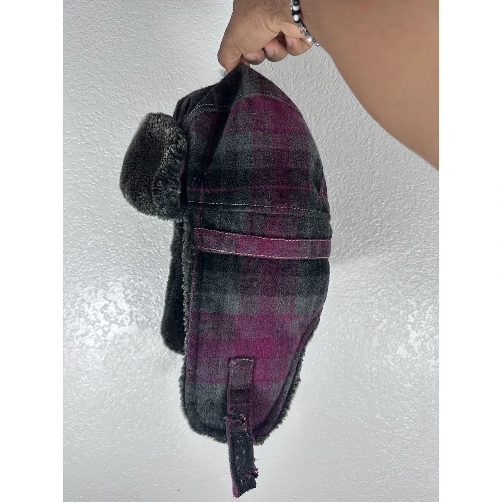 Plaid Trapper Hat Faux Fur Ear Flap Winter Aviator Cap Purple Gray One Size